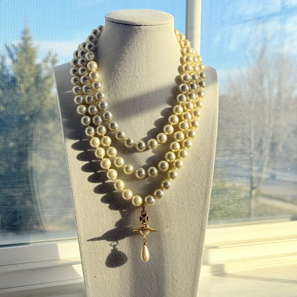 Triple pearl drop orb choker necklace - brand new